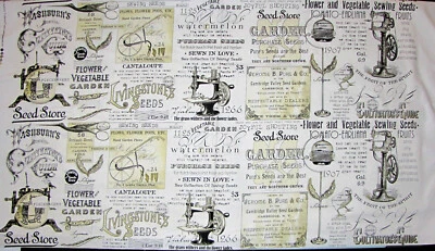 Sewing Seeds II Sew Garden Seed Ad Ecru Cotton Fabric QT Wecker Frisch 24" Panel - Image 1 of 3