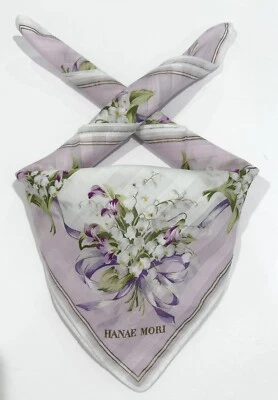 НОСОВОЙ ПЛАТОК женщин Hanae Mori цветочный фиолетовый бант лента хлопок карман квадратный 20» - Изображение 1 из 4