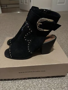 RIVER ISLAND Black Faux Suede Studded Peep Toe Block Heel Shoe Boots Size 6 - Picture 1 of 5