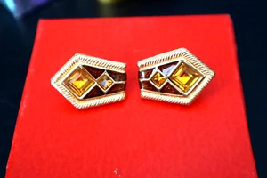 Vintage 1980s Swarovski Yellow Gold Plated Square Citrine Pointed Earrings Nice! - Picture 1 of 9
