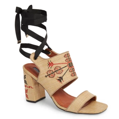 TOPSHOP Heels Womens 39 Tan Black Red Roxanne Embroidered Sandals Lace Up EUC - Image 1 of 4