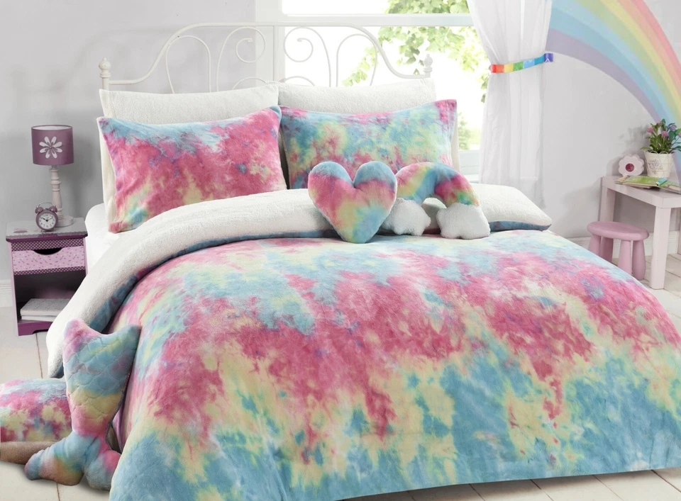 Rainbow Tie Dye Teddy Bear Sherpa Fleece Cosy Duvet Cover Sets /Sheets /Cushions - Image 1 of 4