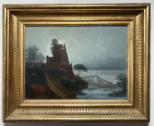 Antico dipinto olio originale -notturno castello illuminato dalla luna paesaggio alberi -firmato - Foto 1 di 14