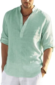 NEW COOFANDY Mens XXL Cotton Linen Henley Shirt Long Sleeve Hippie Casual Beach - Picture 1 of 6