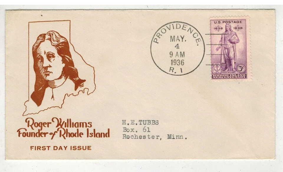 1936 RHODE ISLAND TERCENTENARY 777-50 ROGER WILLIAMS DEE'S COLOR VARIETY BROWN - Image 1 of 1