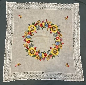 Vtg. Tablecloth/Centercloth Sunflowers Fruit Hand Embroidered 37” Sq. - Picture 1 of 10