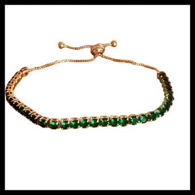 NUEVO SIN ETIQUETAS Pulsera Tenis Gemosa Oro Rosa Cristal Verde Bolo Ajustable Foto 1 de 4