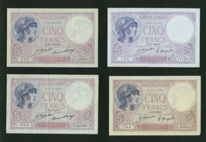 FRANCE 1924, 1925, 1926, & 1927 5 FRANCS BANKNOTES, PICK#72c, 72d, LOT OF (4) - Picture 1 of 2