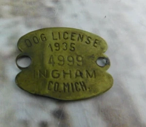 1935 Brass Dog License Tag #4999 Ingham County Michigan MI Vintage - Picture 1 of 3