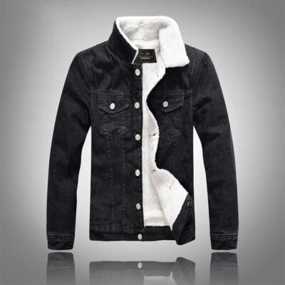 Men Fleece Lined Winter Warm Fur Collar Coat Trucker Denim Jean Jacket Outwear - Image 1 of 4
