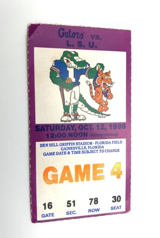 Ticket Stub from Oct 12, 1996 Florida Gators vs L.S.U. Gainesville Football Game Cover