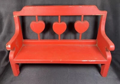 Vintage 16” Handmade Red Rustic Wood Farmhouse Small Bench w Hearts Handcrafted - Image 1 of 4