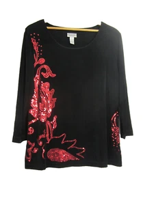 Chicos 3 Travelers Top Womens XL Black Red Bombay Sequined Artsy Stretch Shirt - Picture 1 of 5