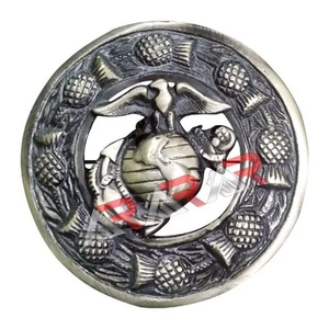 AAR Kilt Fly Plaid Brooch Thistle Design with US Marine Badge Antique Finish 3" - Picture 1 of 5
