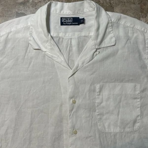 Polo Ralph Lauren Shirt Mens Large White Solid Linen Blend Loop Collar Vintage - Picture 1 of 11
