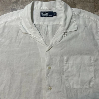 Polo Ralph Lauren Shirt Mens Large White Solid Linen Blend Loop Collar Vintage - Image 1 of 4