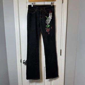 Christian Audigier Denim Jeans Women’s Dark Embroidered Pants Size 5/6  32” Y2K - Picture 1 of 10