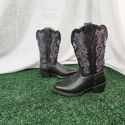 Bota estampida Justin 2554JR niños 9D cuero de vaca negro púrpura puntada blanca Foto 1 de 4
