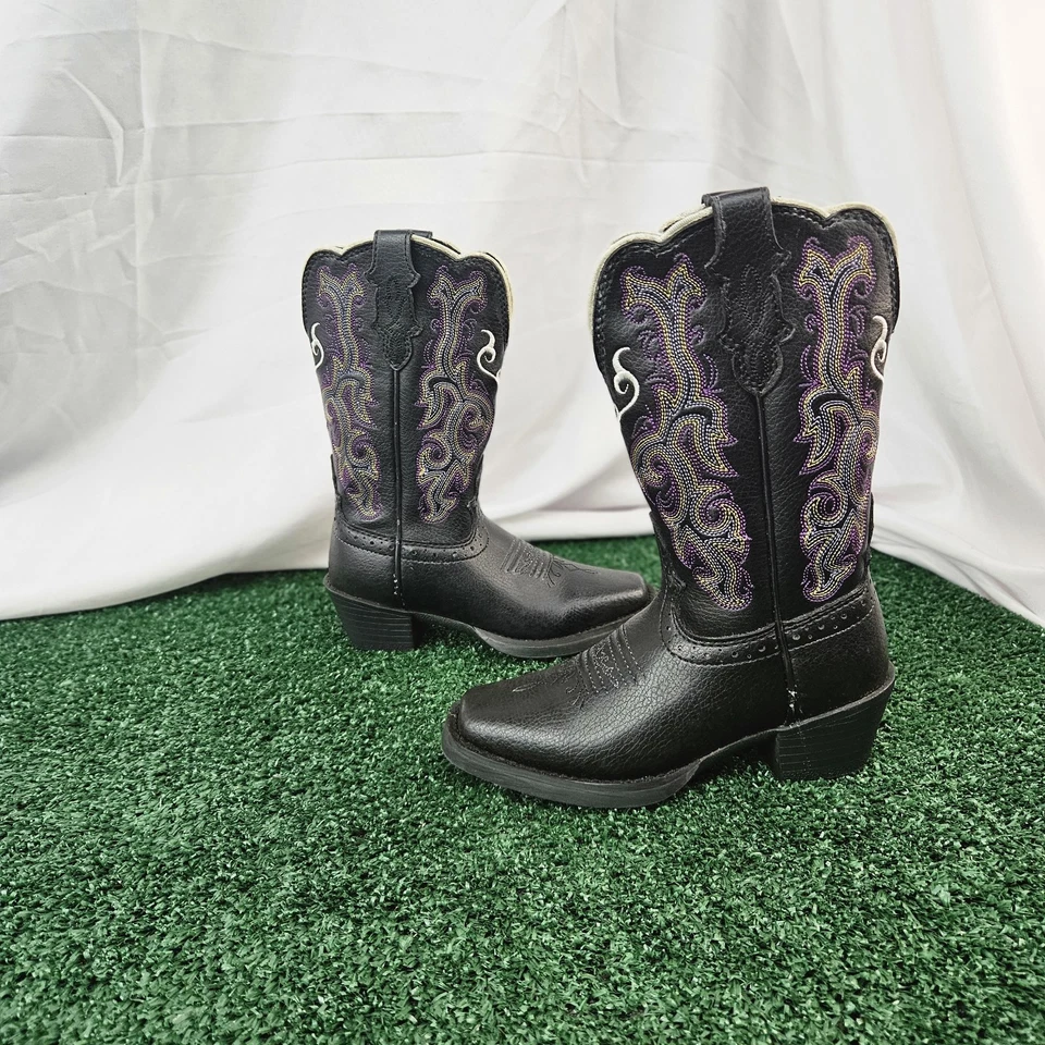 Bota estampida Justin 2554JR niños 9D cuero de vaca negro púrpura puntada blanca Foto 1 de 4