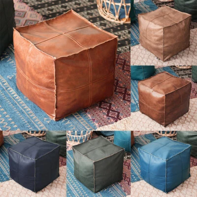 Square Moroccan Leather Footstool Cover Unstuffed Pouffe Pouf Handmade Ottoman - Image 1 of 4