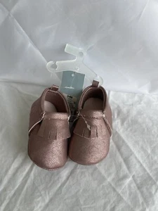 Cat & Jack Baby Girl’s Moccasin Shoes Fringe Pink Glitter Metallic Sparkly 3-6mo - Picture 1 of 4
