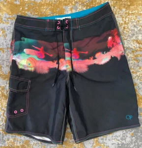 Pantalones cortos de tabla OP Ocean Pacific 32w para hombre negros, siluetas y adornos de neón - Imagen 1 de 10