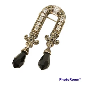 Vintage Judith Jack Sterling Silver 925 Onyx Rhinestone Marcasite Brooch Dangle - Picture 1 of 9