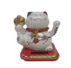 Solar Powered Porcelain Maneki Neko Beckoning Hands Waving Fortune Cat-flower - Picture 1 of 2
