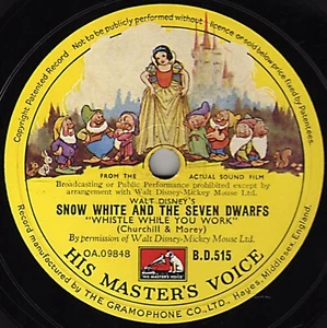 WALT DISNEY SNOW WHITE 78 WHISTLE WHILE YOU WORK/ I'M WISHING-ONE SONG BD515 V+ - Picture 1 of 1