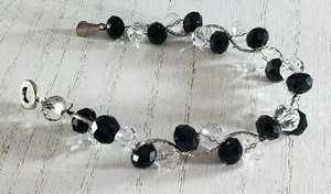 Silver Tone Crystal Black Onyx Bracelet signed TENG YUE UNIQUE Clasp  - Picture 1 of 4