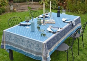 Tablecloth Jacquard Cotton 160x200 cm Blue from France with Teflon Protection - Picture 1 of 8