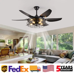 52 inch Ceiling Fan LED Light Farmhouse Black Flush Mount w Remote Control Kit - Picture 1 of 11