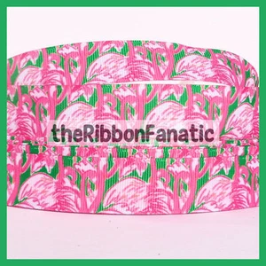 3 yds 7/8" Lilly Fabric Inspired Pink Colony Green Flamingo Grosgrain Ribbon - Picture 1 of 1