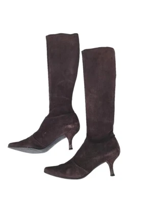 $850 Stuart Weitzman Espresso Brown KneeHigh Pointed Toe Boot Stretch Suede 9.5B - Image 1 of 4