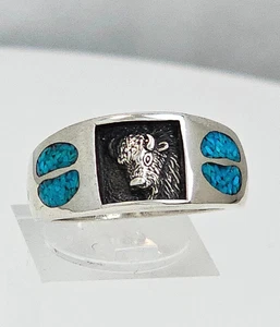 Navajo handgefertigter Büffel Bison Kopf & Türkis Sterlingsilber Ringgröße 8 - Bild 1 von 5