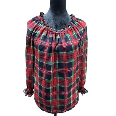 Talbots Top Pullover Red Black Green Plaid Sheer Ruffle S Holiday Christmas - Image 1 of 4