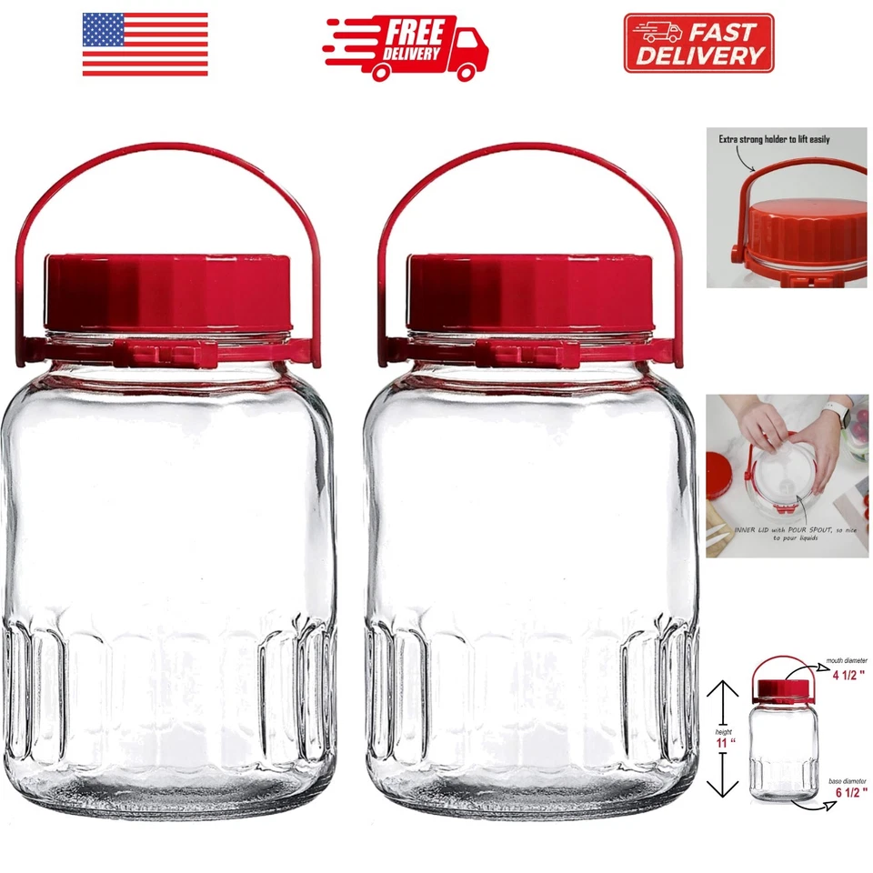 1 Gallon Glass Jar With Lid Wide Mouth Airtight Plastic Pour Spout Lids Bulk-...