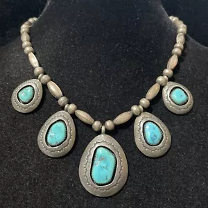 Signed Teddy Goodluck 925 Sterling Silver Shadowbox Kingman Turquoise Necklace - Picture 1 of 12