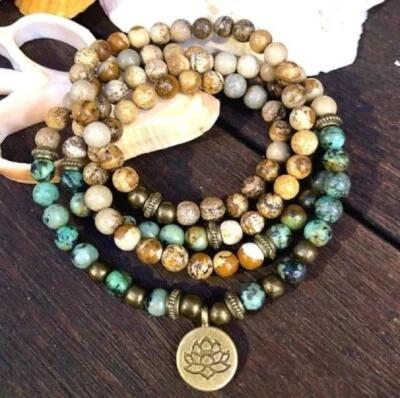 Collar Colgante 108 Cuentas Mala Natural Turquesa Africana Cuadro Jaspe Loto Foto 1 de 3
