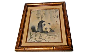 Quadro vintage panda bambù incorniciato sigillo cinese firmato 8 x 10 - Foto 1 di 22