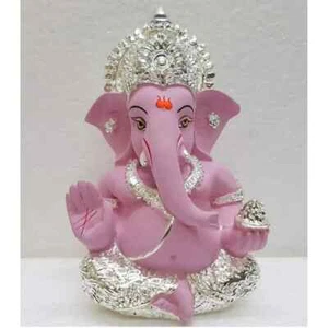 Silver Plated Lord Ganesha Statue - Hand Painted Ganpati Terracotta Figurine - Picture 1 of 5