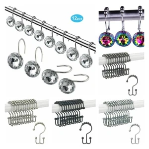 12Pcs Metal Shower Curtain Hooks Rings Double Glide Roller Set Stainless Steel - Picture 1 of 16