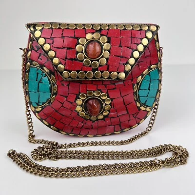 Bolso sin asas de metal hecho a mano con incrustaciones de mosaico piedra étnico gitano bohemio Foto 1 de 4