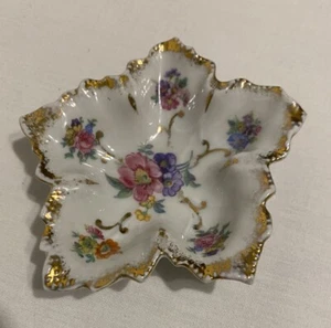Elfinware Germany Leaf Shaped Floral Design Trinket Dish 3-1/4 Inch - Picture 1 of 5