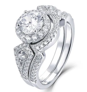 Juego de anillos de compromiso de alianza de boda de plata de ley 925 con halo circonita talla 3-15 S003 - Imagen 1 de 4