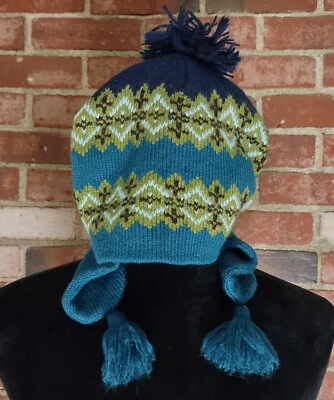 Зимняя шапка-бини ALFANI сине-зеленая с помпонами Fair Isle с ушными клапанами/ловушкой - Изображение 1 из 4