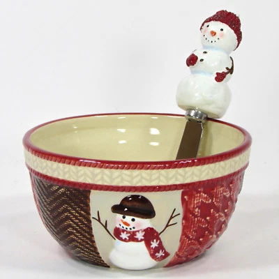 St. Nicholas Square WARM WISHES 16oz Dip Bowl & Spreader Set 2Pc Snowman NIB - Image 1 of 4