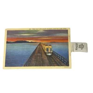 Postal Gran Salt Lake Utah al atardecer tren bolsa de sal adjunta lino A794 - Imagen 1 de 2