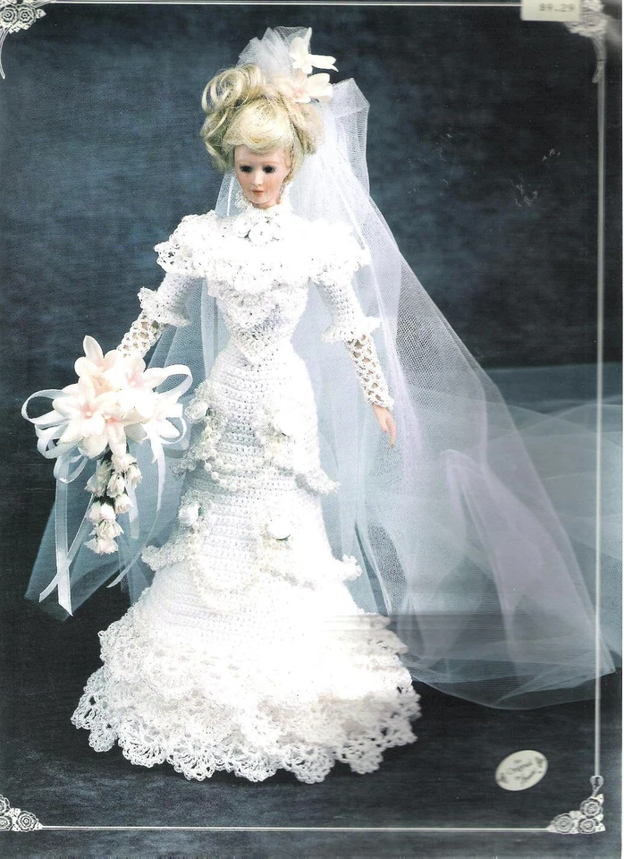 Vestido de noiva Annie's Attic crochê 1996 para boneca 11 1/2 como folheto Barbie 7105 - Imagem 1 de 1