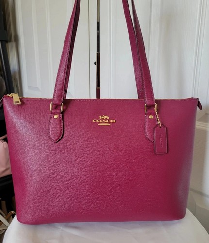 Borsa a tracolla grande Coach Crossgrain in pelle rosa oro viola nuova con etichette